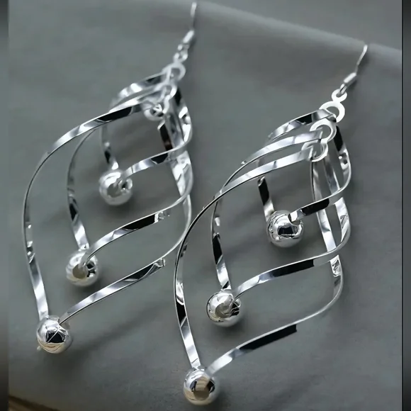 Twisted Geometric Chic Drop Silver Earrings | SZ 3" - Picture 1 of 4